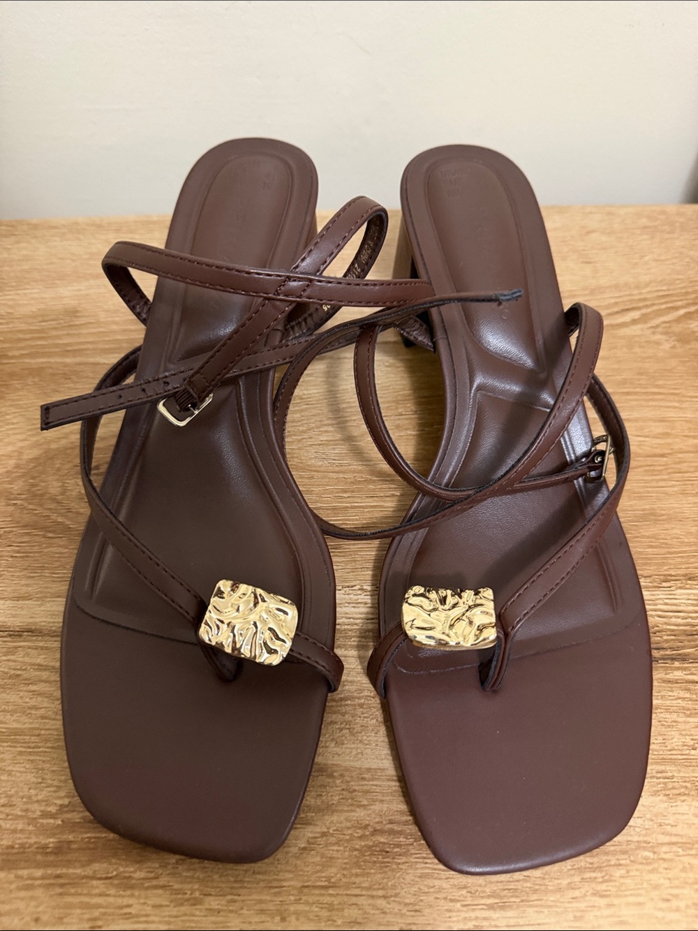 Primark Brown Strappy Square-Toe Sandals with Gold Detail